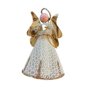 Vtg MCM Star Eyed Angel  Stiffened Foil Gold‎ Mesh w/ Foil Wings Tree Topper